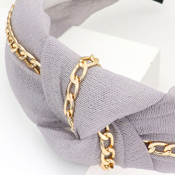 Gold Chain & Gray Knot Headband Bling Fashion Hair Cute Statement Accessory Trim - Picture 2 of 2